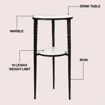 Seraphina 24.75" Industrial 2-Tier Metal Frame Drink Table and Decorative End Table with White Marble Round Top